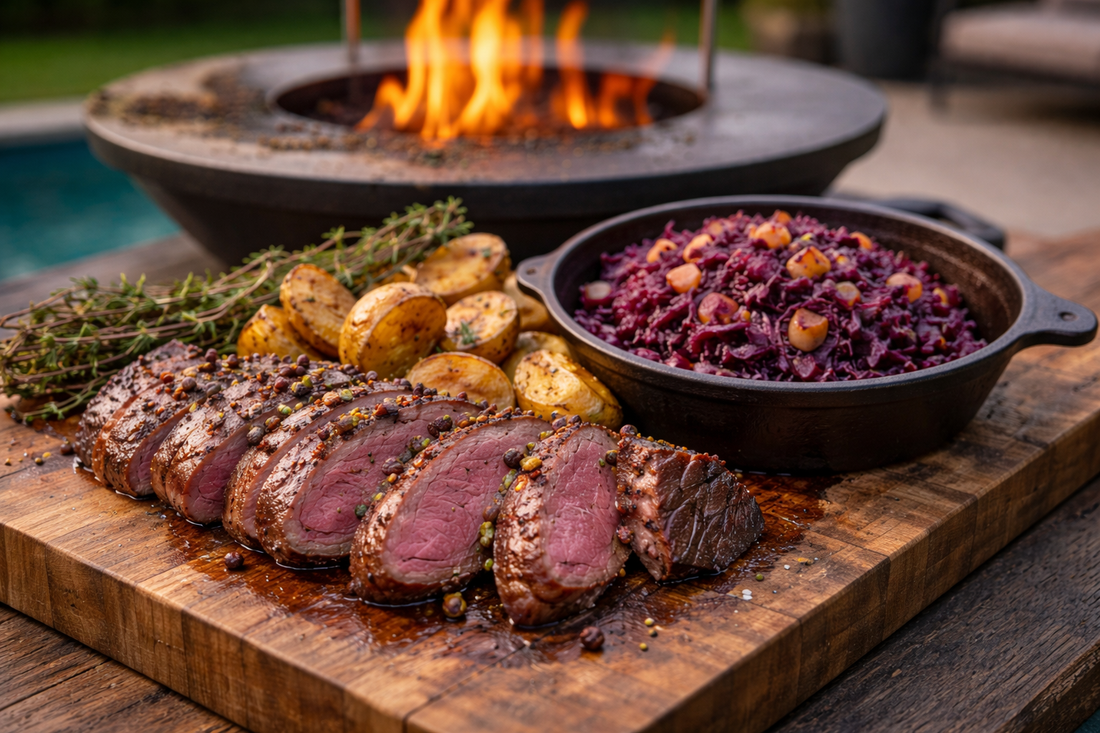 DF Grill hertenrug met jeneverbes, rodekool uit de skillet en rozemarijn-aardappels