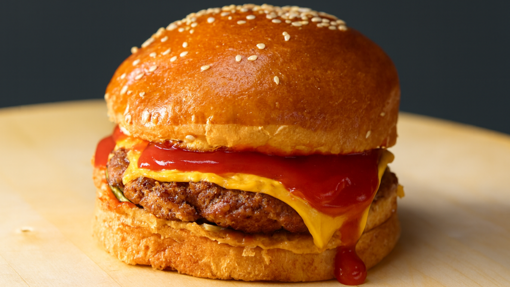 DF Grill Cheeseburger met Smeltende Kaas, Gegrilde Ui & Goudbruine Buns