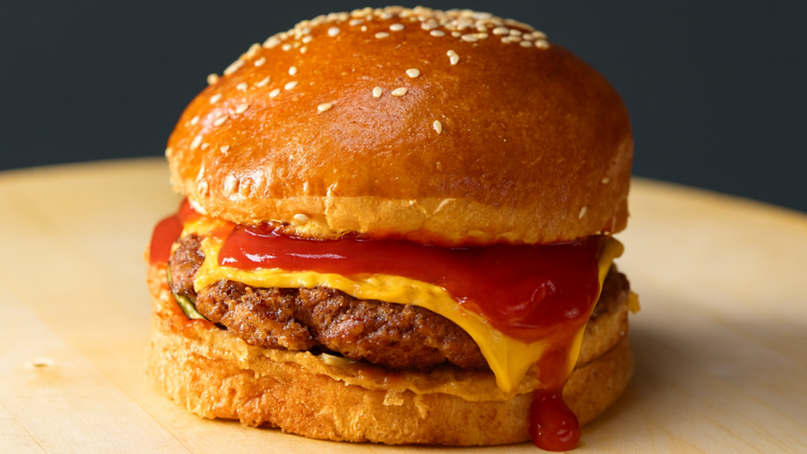 DF Grill Cheeseburger met Smeltende Kaas, Gegrilde Ui & Goudbruine Buns