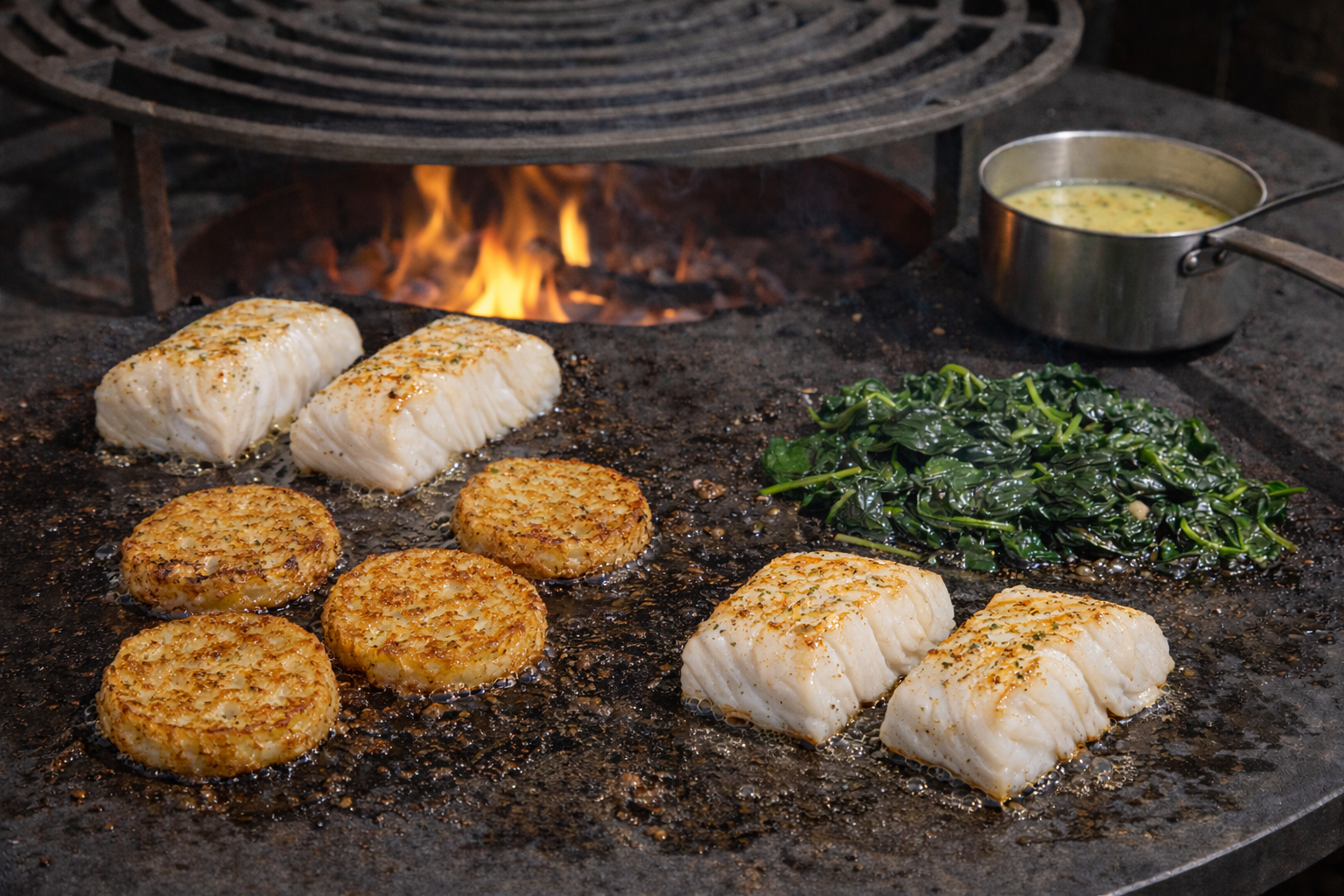 Skrei op aardappel-hashbrown met boterige spinazie en Noilly-Prat saus